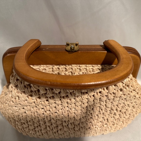Vintage 60s Wood Frame Woven Hand Bag Purse Natural Jute 40s Pinup Girl - Picture 5 of 5
